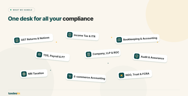 taxdeskk services shown as scattered chips: GST returns, income tax & ITR, bookkeeping, TDS & payroll, company/LLP/ROC, audit, NRI taxation, e-commerce accounting, and NGO/Trust/FCRA.